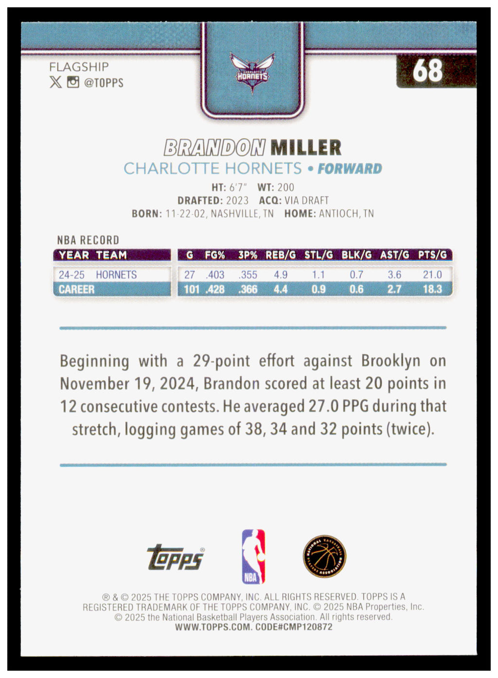 2025-26 Topps Brandon Miller Card Charlotte Hornets #68