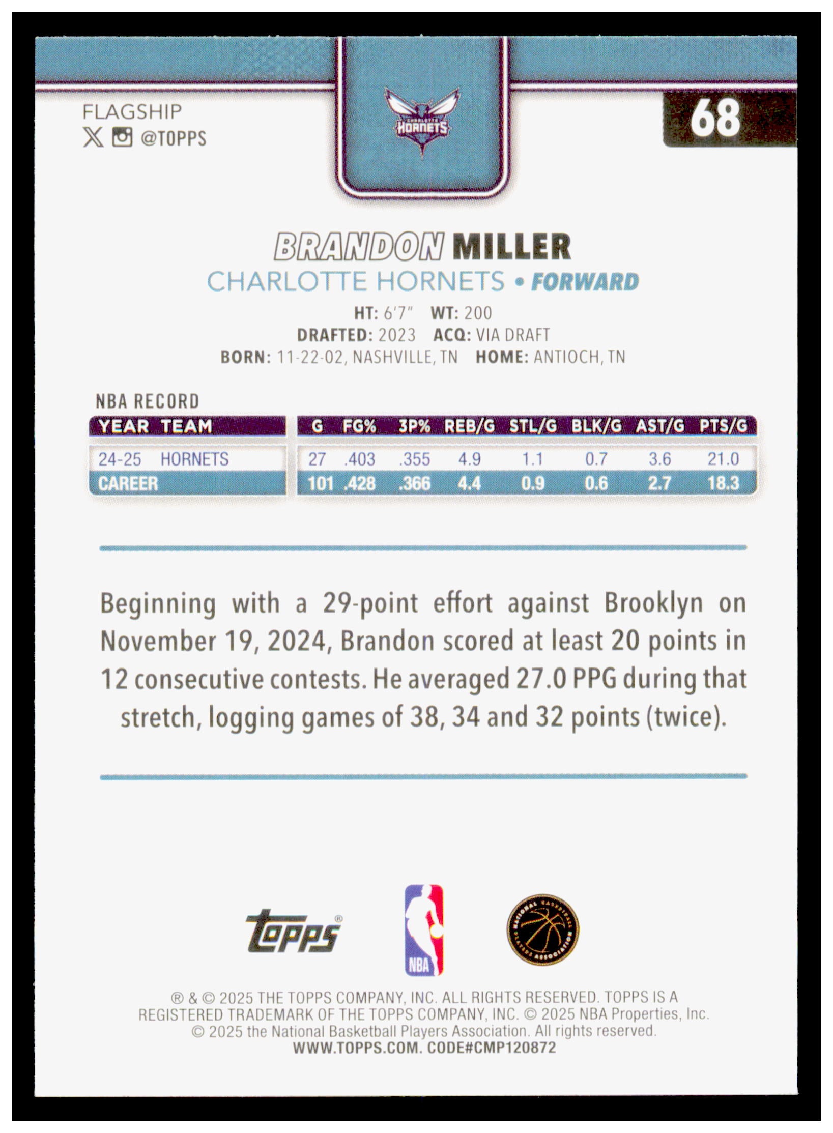 2025-26 Topps Brandon Miller Card Charlotte Hornets #68