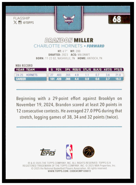 2025-26 Topps Brandon Miller Card Charlotte Hornets #68