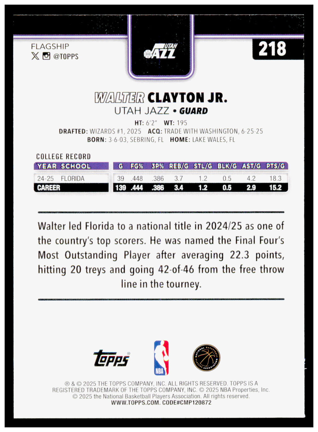 2025-26 Topps Walter Clayton Jr. Card RC Utah Jazz #218