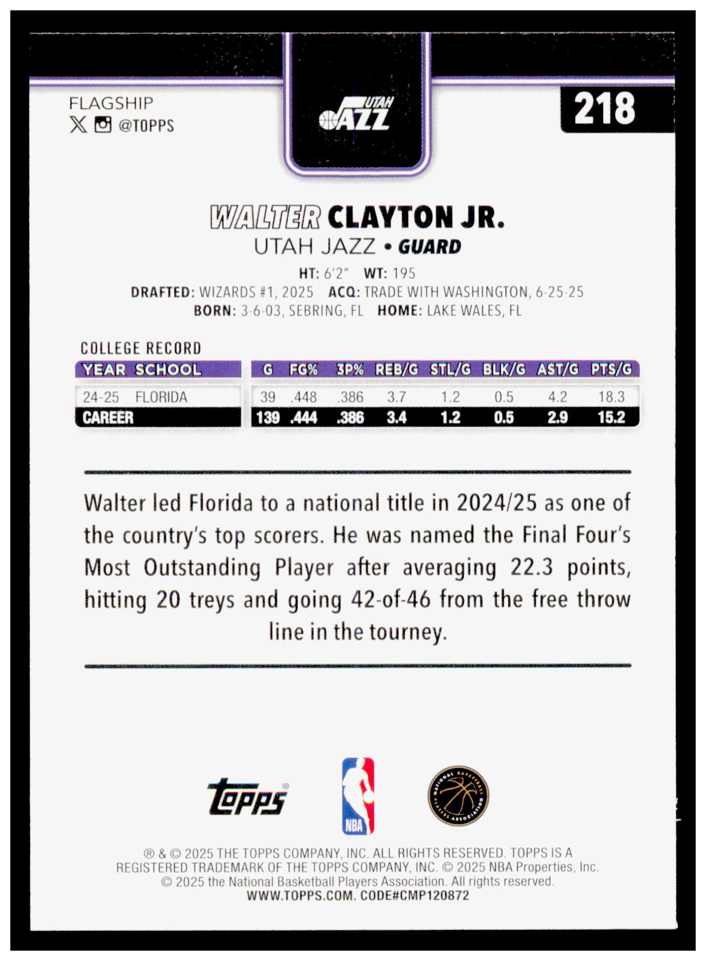 2025-26 Topps Walter Clayton Jr. Card RC Utah Jazz #218
