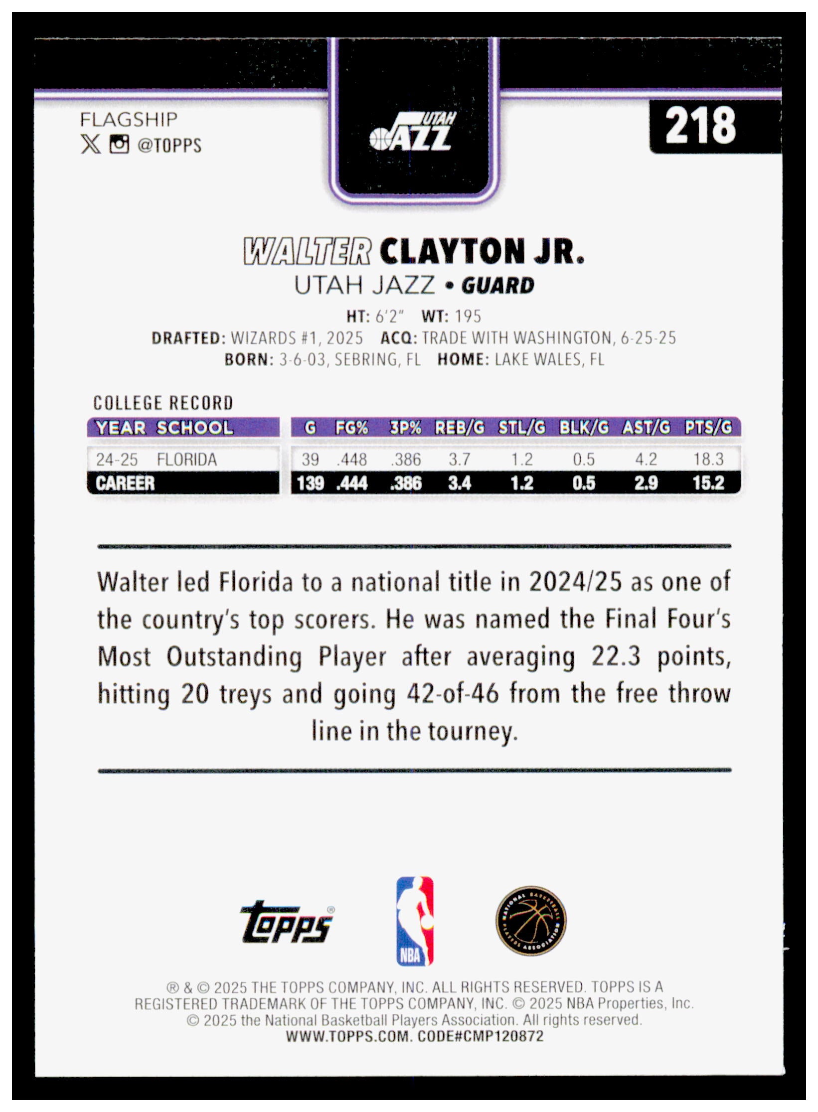 2025-26 Topps Walter Clayton Jr. Card RC Utah Jazz #218