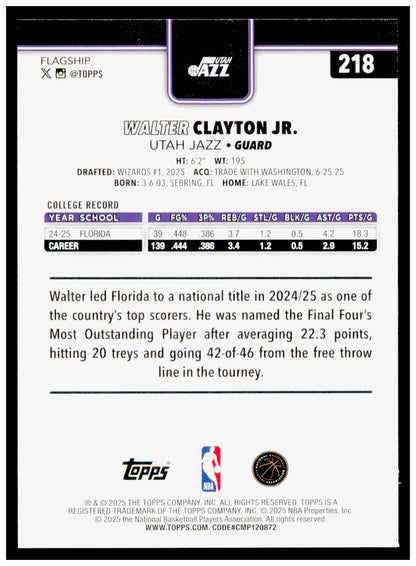 2025-26 Topps Walter Clayton Jr. Card RC Utah Jazz #218