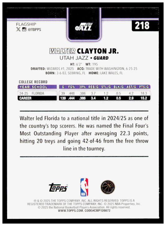 2025-26 Topps Walter Clayton Jr. Card RC Utah Jazz #218
