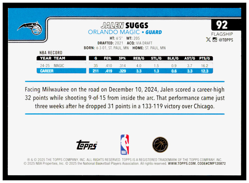 2025-26 Topps Jalen Suggs Card Orlando Magic #92