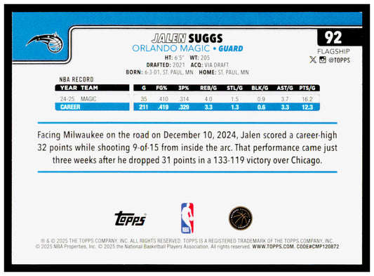 2025-26 Topps Jalen Suggs Card Orlando Magic #92