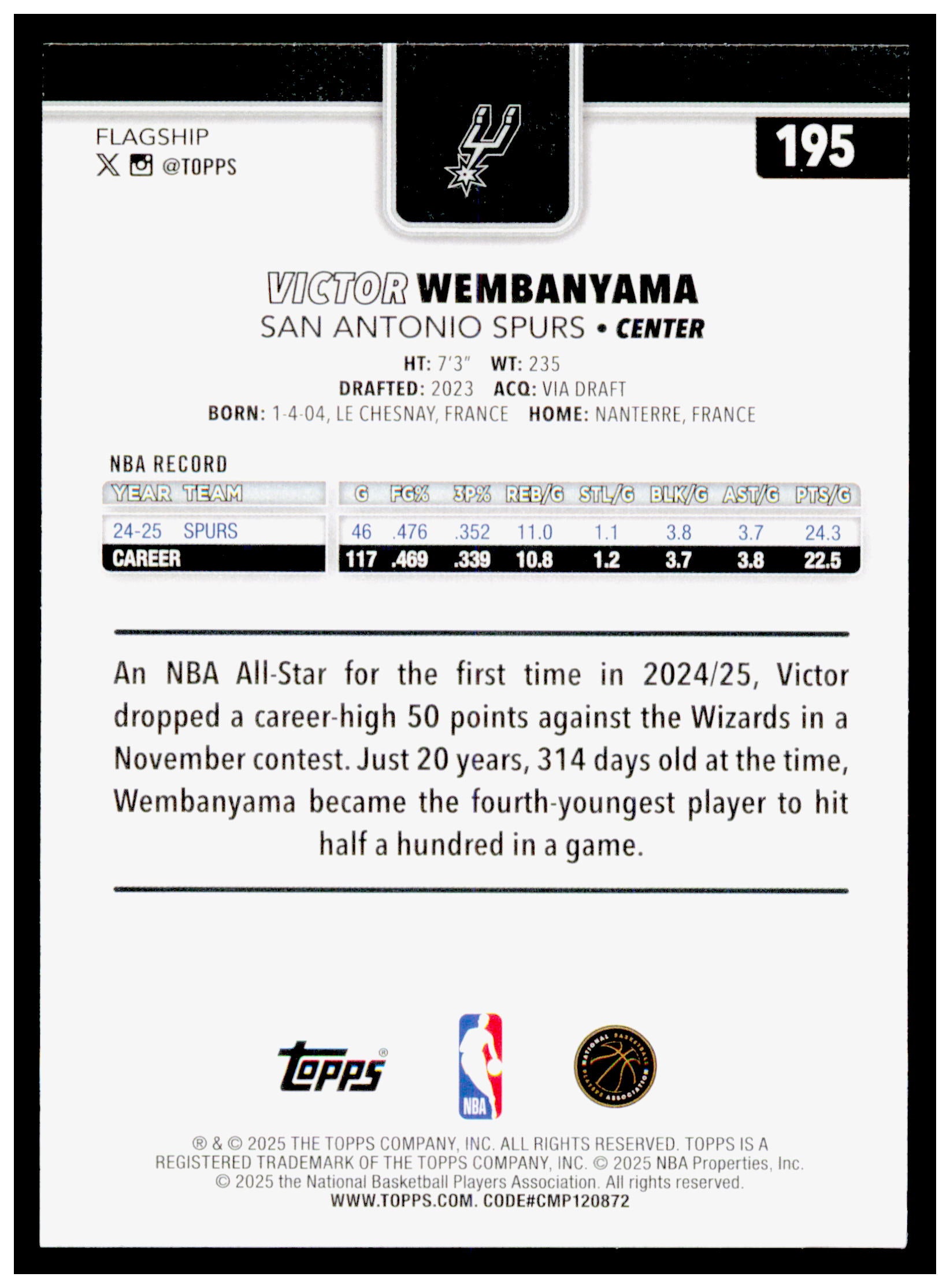 2025-26 Topps Victor Wembanyama Card San Antonio Spurs #195