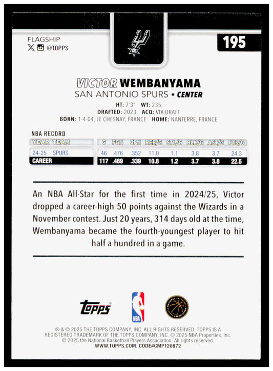 2025-26 Topps Victor Wembanyama Card San Antonio Spurs #195