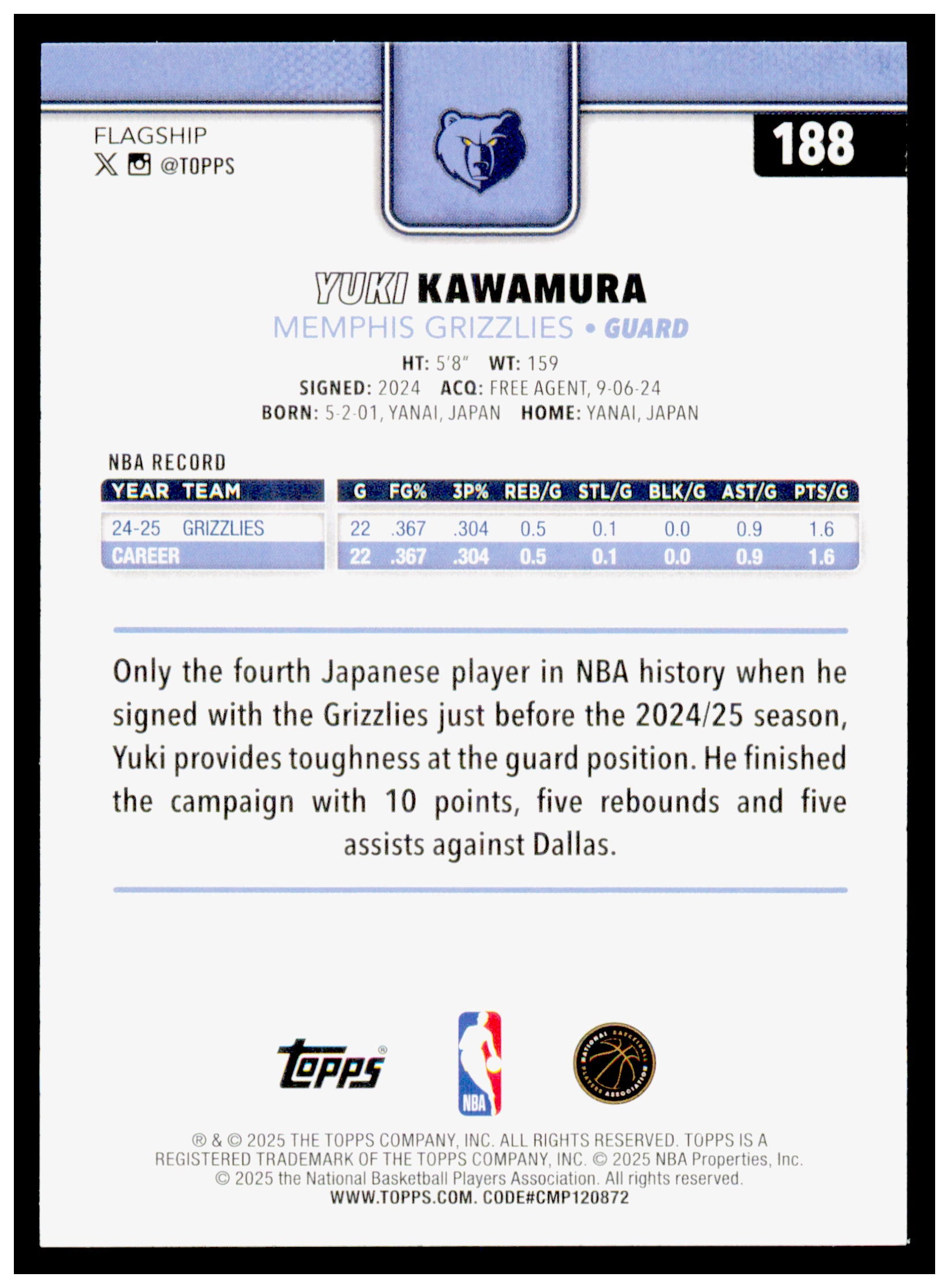 2025-26 Topps Yuki Kawamura Card Memphis Grizzlies #188