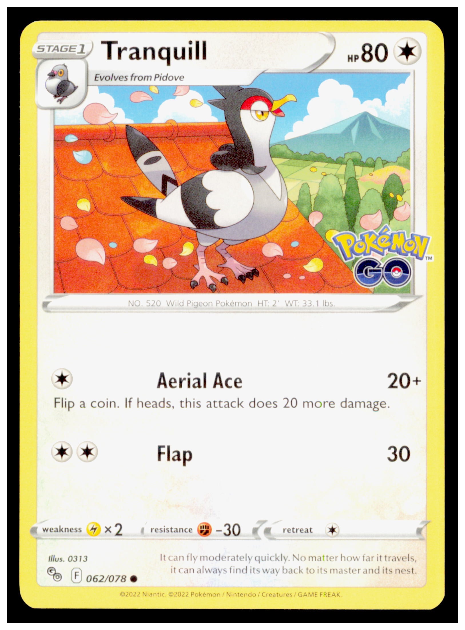 Pokemon Tranquill 062/078 - Pokemon GO Set - Uncommon Card - 2022