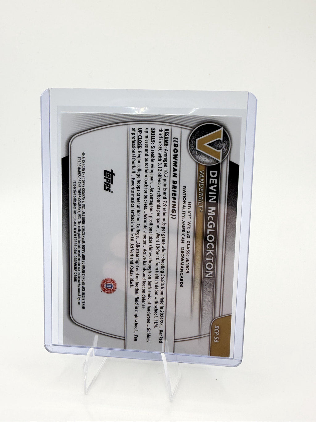2025-26 Bowman Devin McGlockton Card Chrome Prospects Vanderbilt