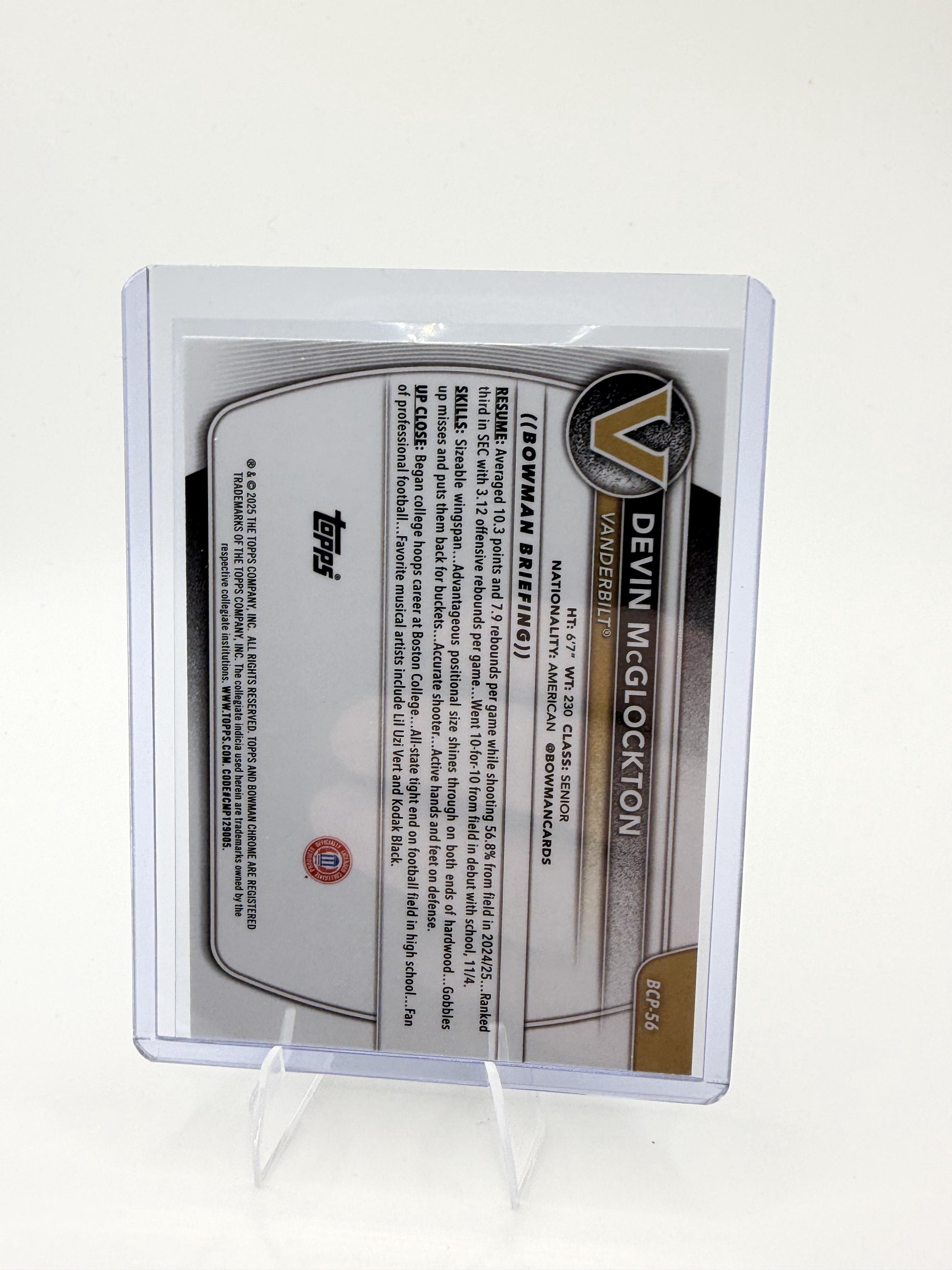 2025-26 Bowman Devin McGlockton Card Chrome Prospects Vanderbilt