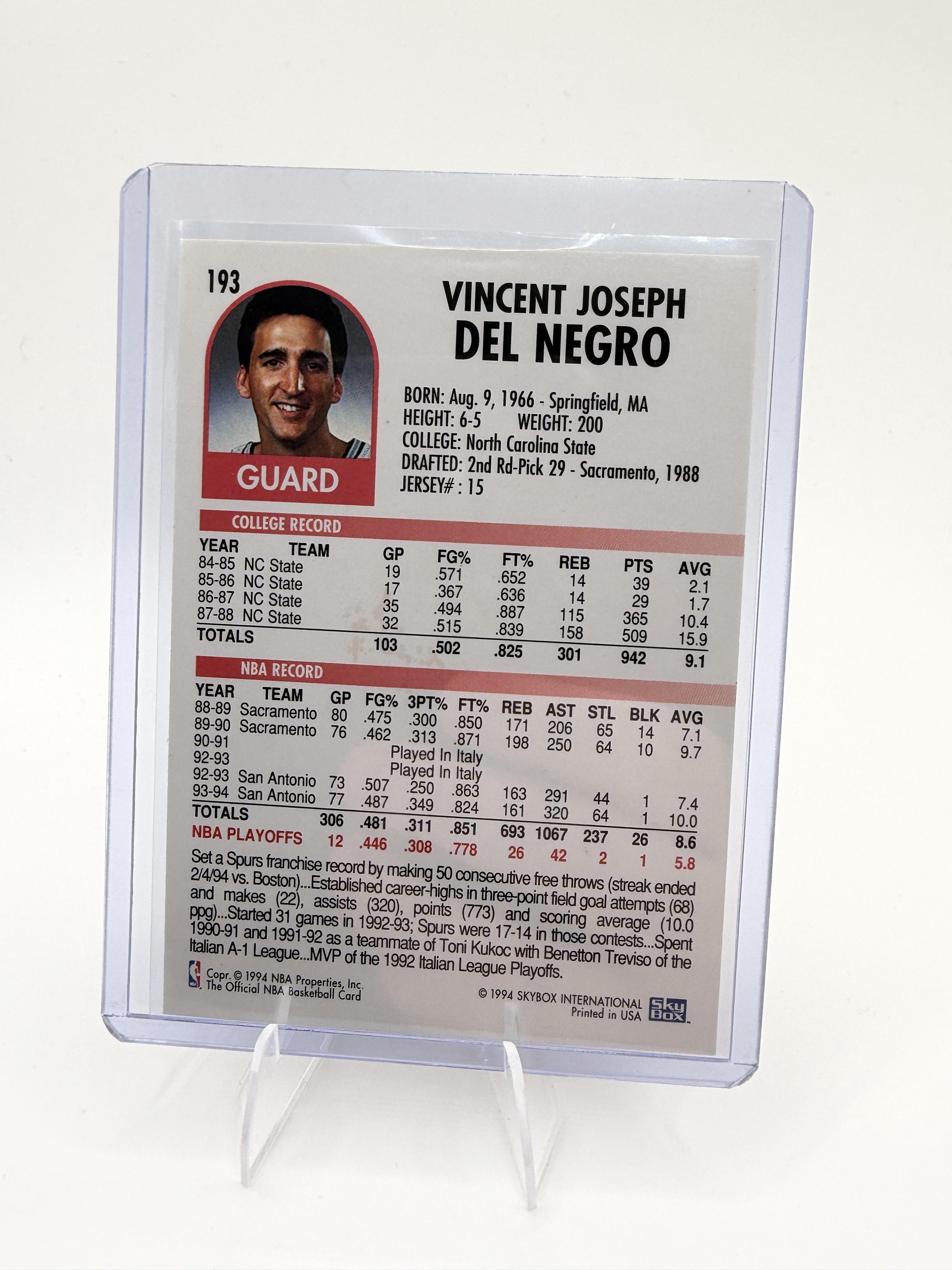 1994-95 Hoops Vinny Del Negro Card San Antonio Spurs #193