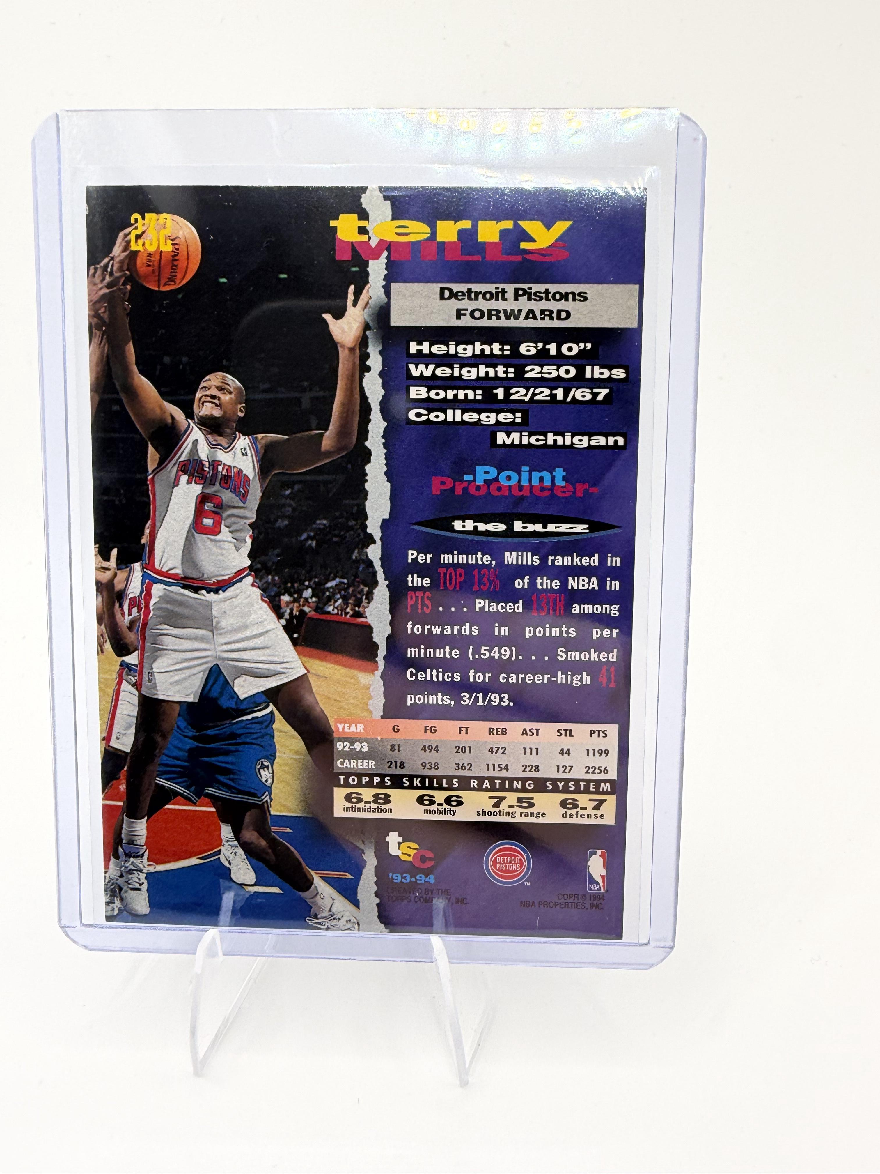 1993-94 Stadium Club Terry Mills Card Detroit Pistons #232