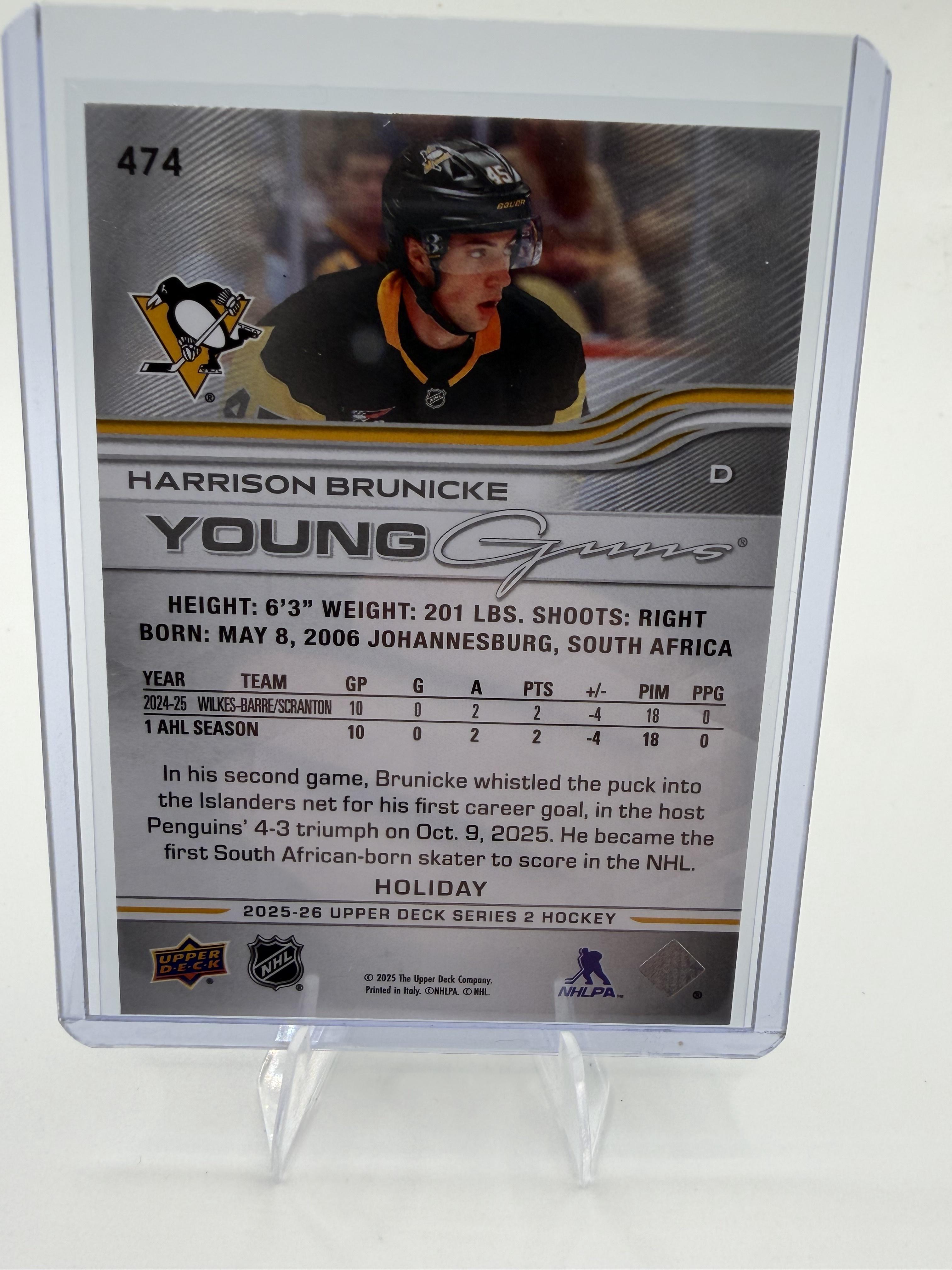 2025-26 Upper Deck Harrison Brunicke Card RC Pittsburgh Penguins #474