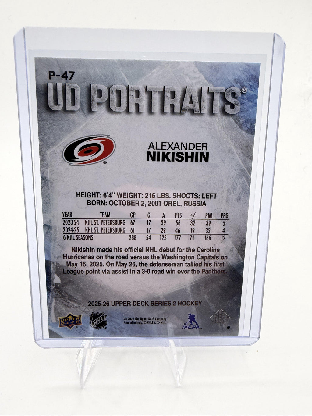 2025-26 Upper Deck Alexander Nikishin Card UD Portraits Carolina