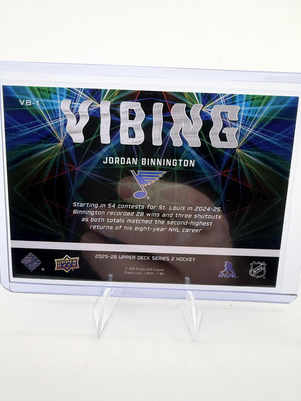 2025-26 Upper Deck Jordan Binnington Card Vibing St. Louis Blues #VB-1