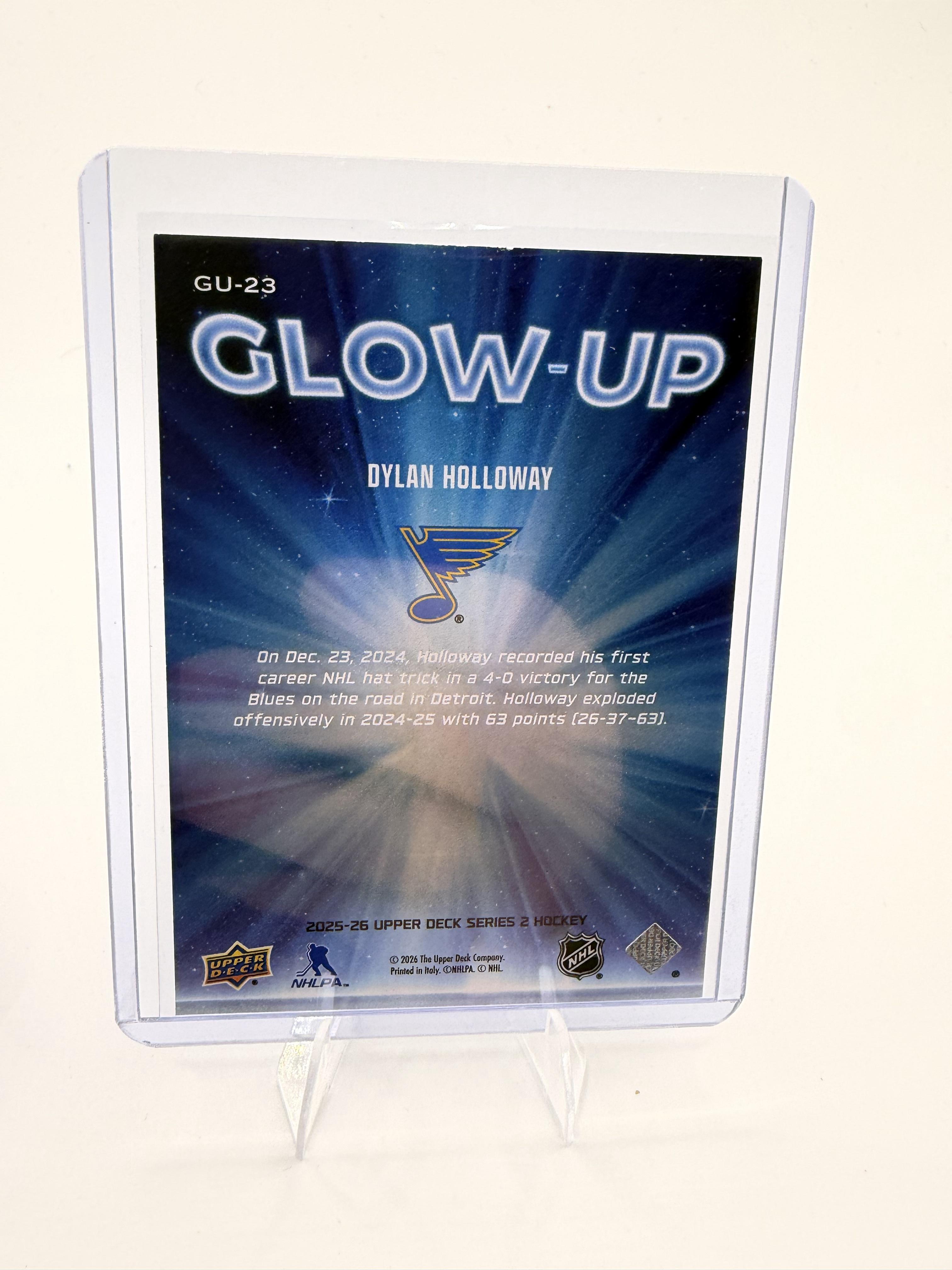 2025-26 Upper Deck Dylan Holloway Card Glow-Up St. Louis Blues #GU-23