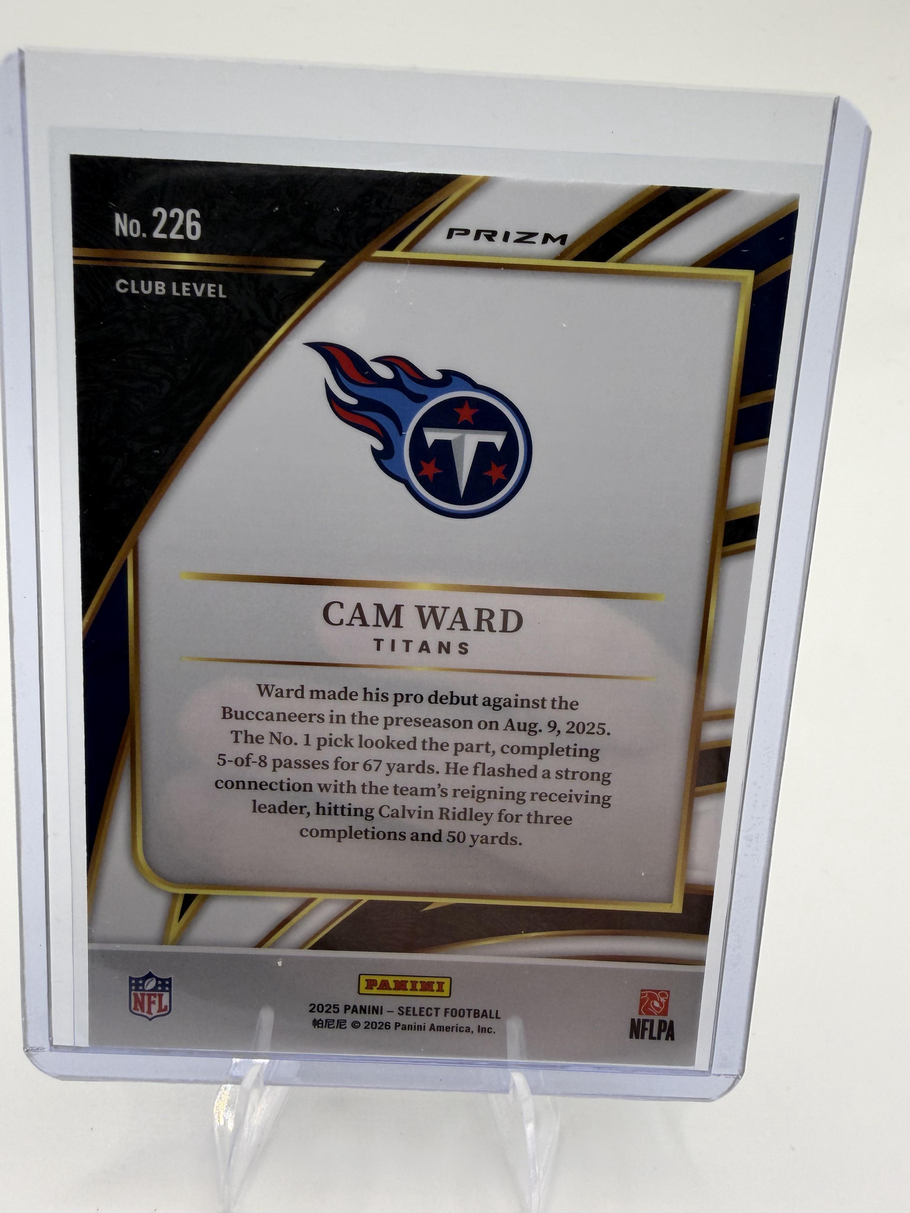 2025 Panini Select Cam Ward Card Black and Gold Prizm Shock Tennessee