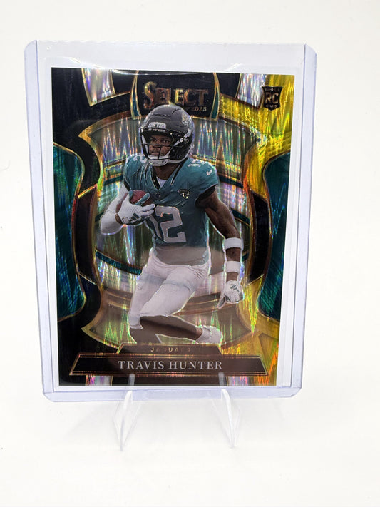 2025 Panini Select Travis Hunter Card Black and Gold Prizm Shock RC Jacksonville