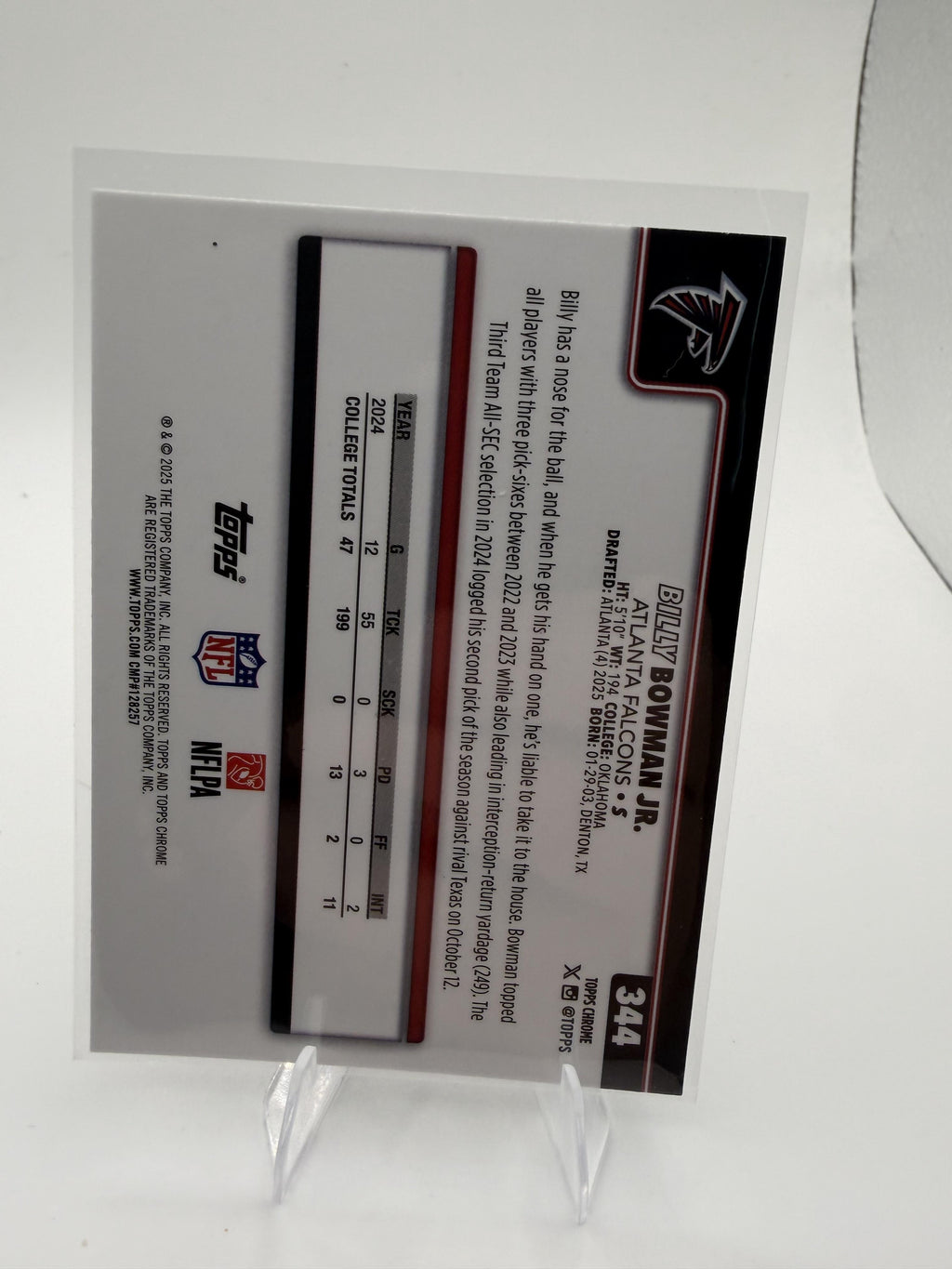 2025 Topps Chrome Billy Bowman Jr. Card RC Atlanta Falcons #344