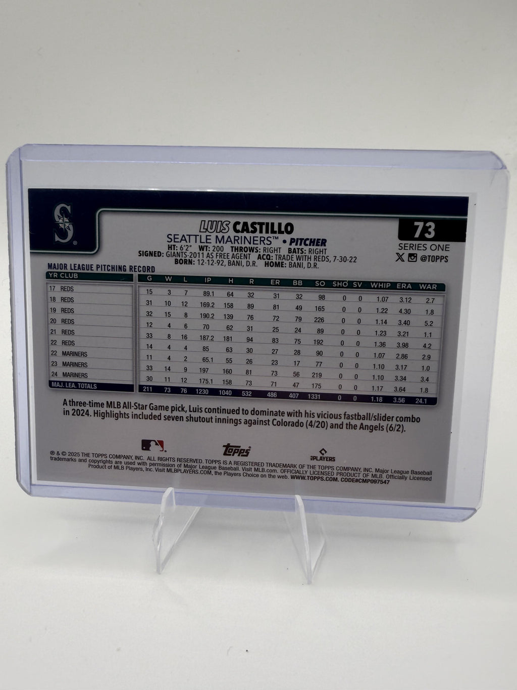2025 Topps Luis Castillo Card Topps Foil Pattern Seattle Mariners #73