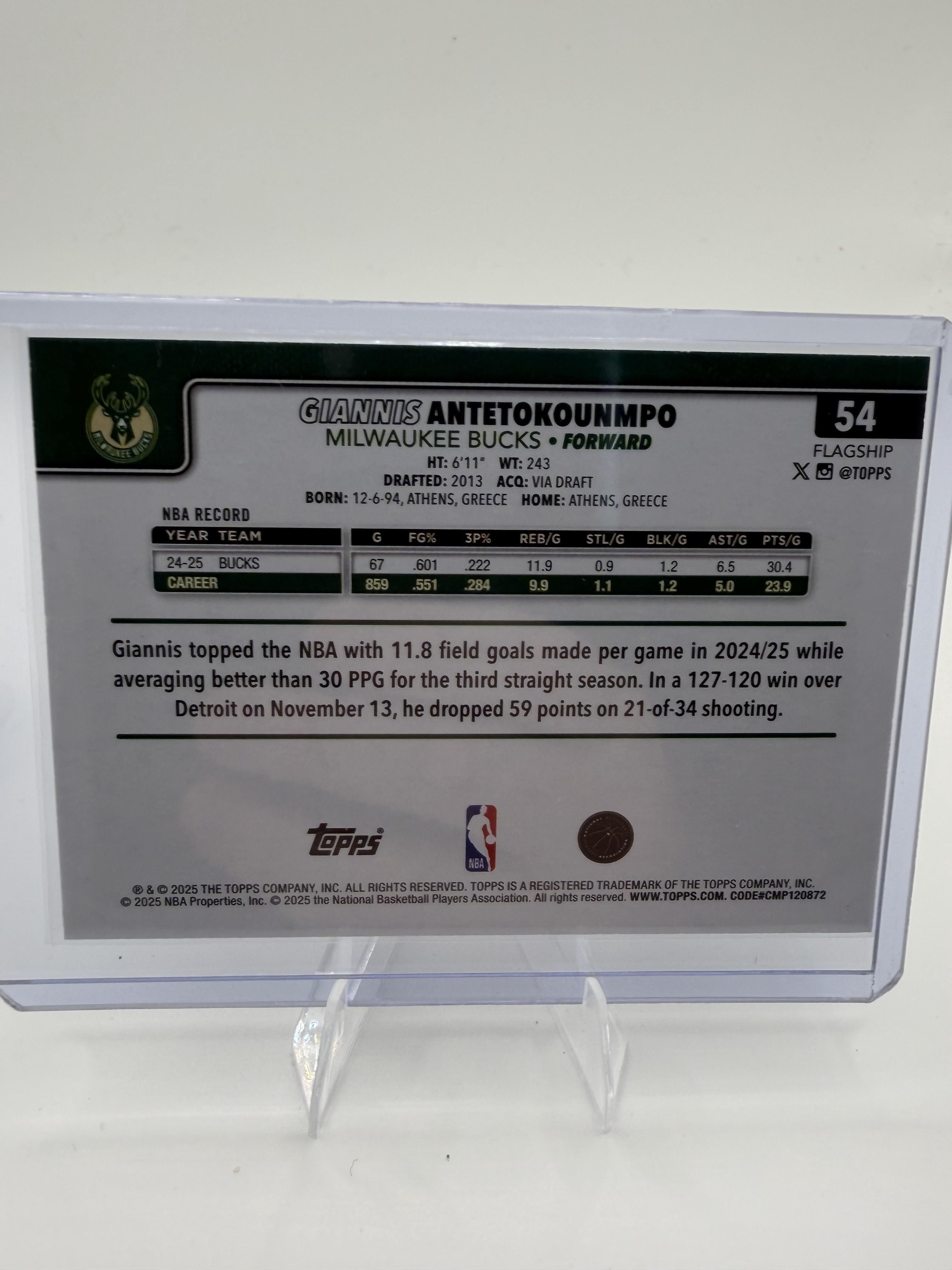 2025-26 Topps Giannis Antetokounmpo Card Milwaukee Bucks #54