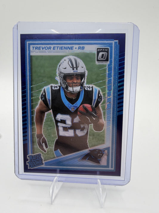 2025 Donruss Optic Trevor Etienne Card Blue Hyper RC Carolina Panthers #222