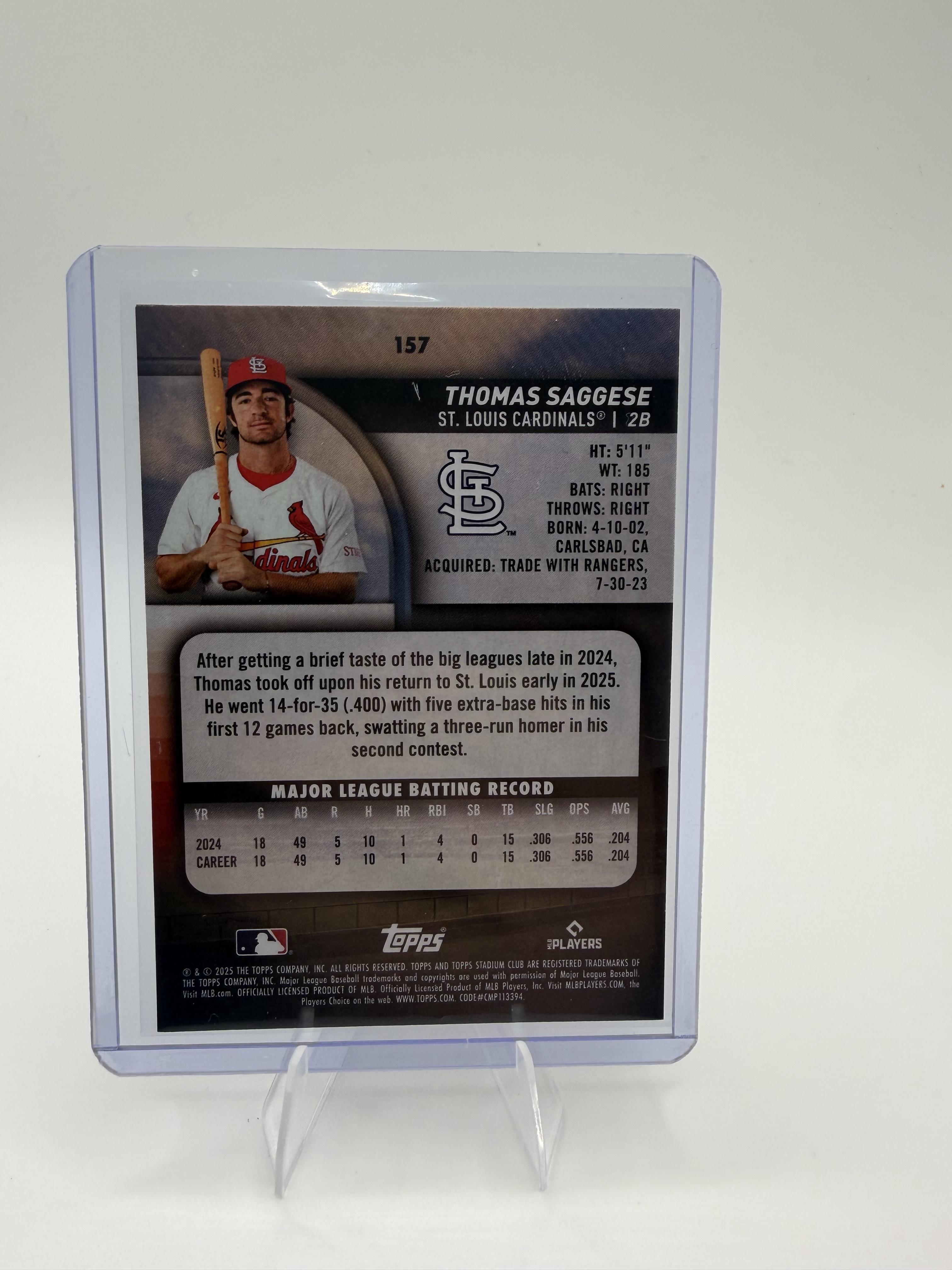 2025 Stadium Club Thomas Saggese Card RC St. Louis Cardinals #157