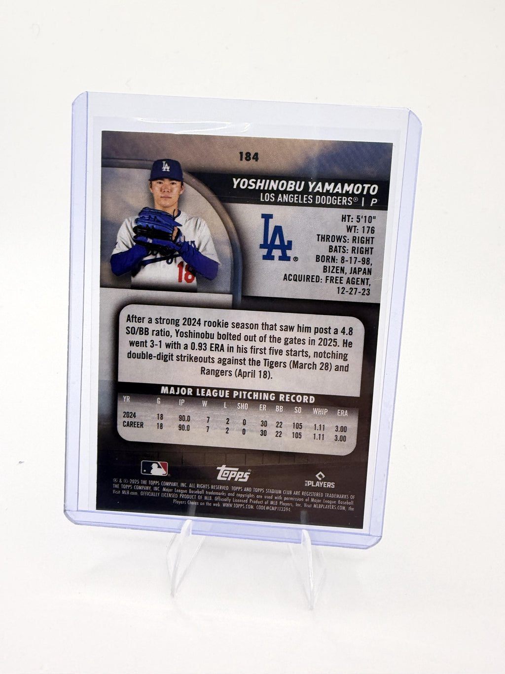2025 Stadium Club Yoshinobu Yamamoto Card Los Angeles Dodgers #184