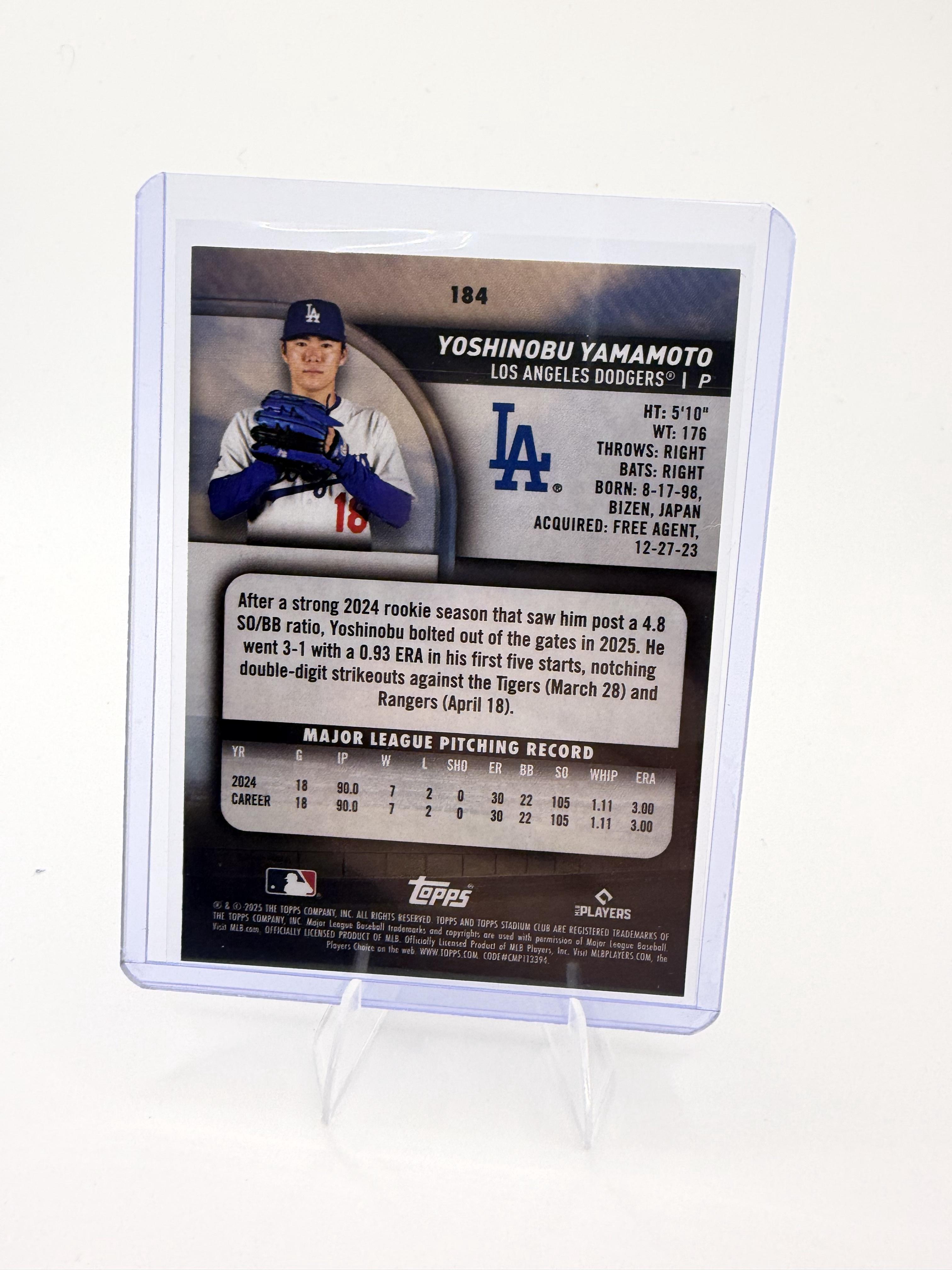 2025 Stadium Club Yoshinobu Yamamoto Card Los Angeles Dodgers #184