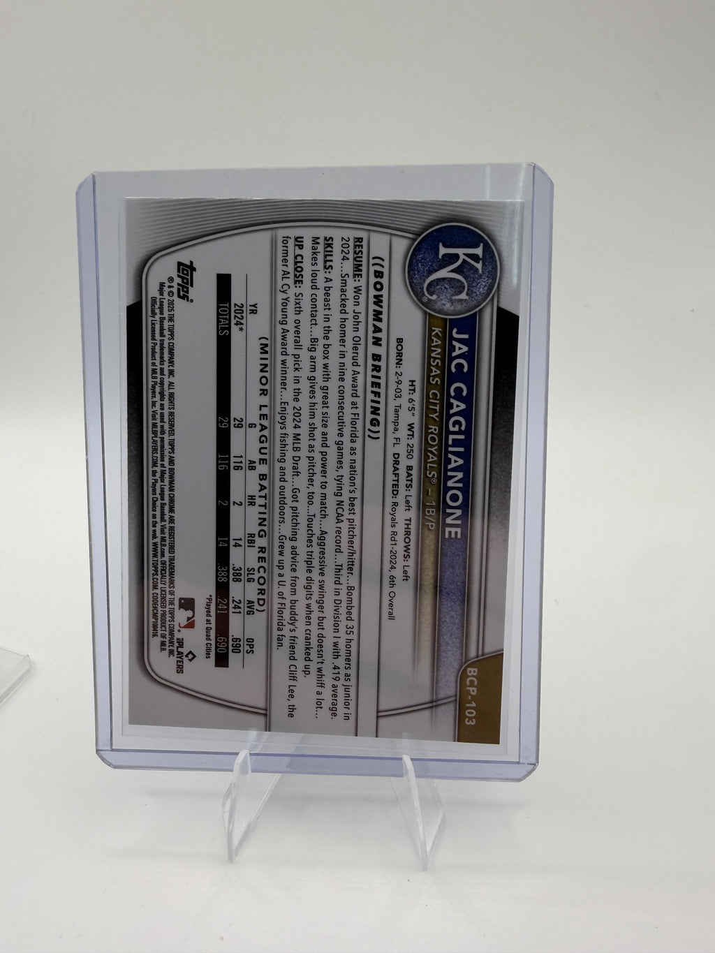 2025 Bowman Jac Caglianone Card Chrome Prospects Kansas City Royals #BCP-103