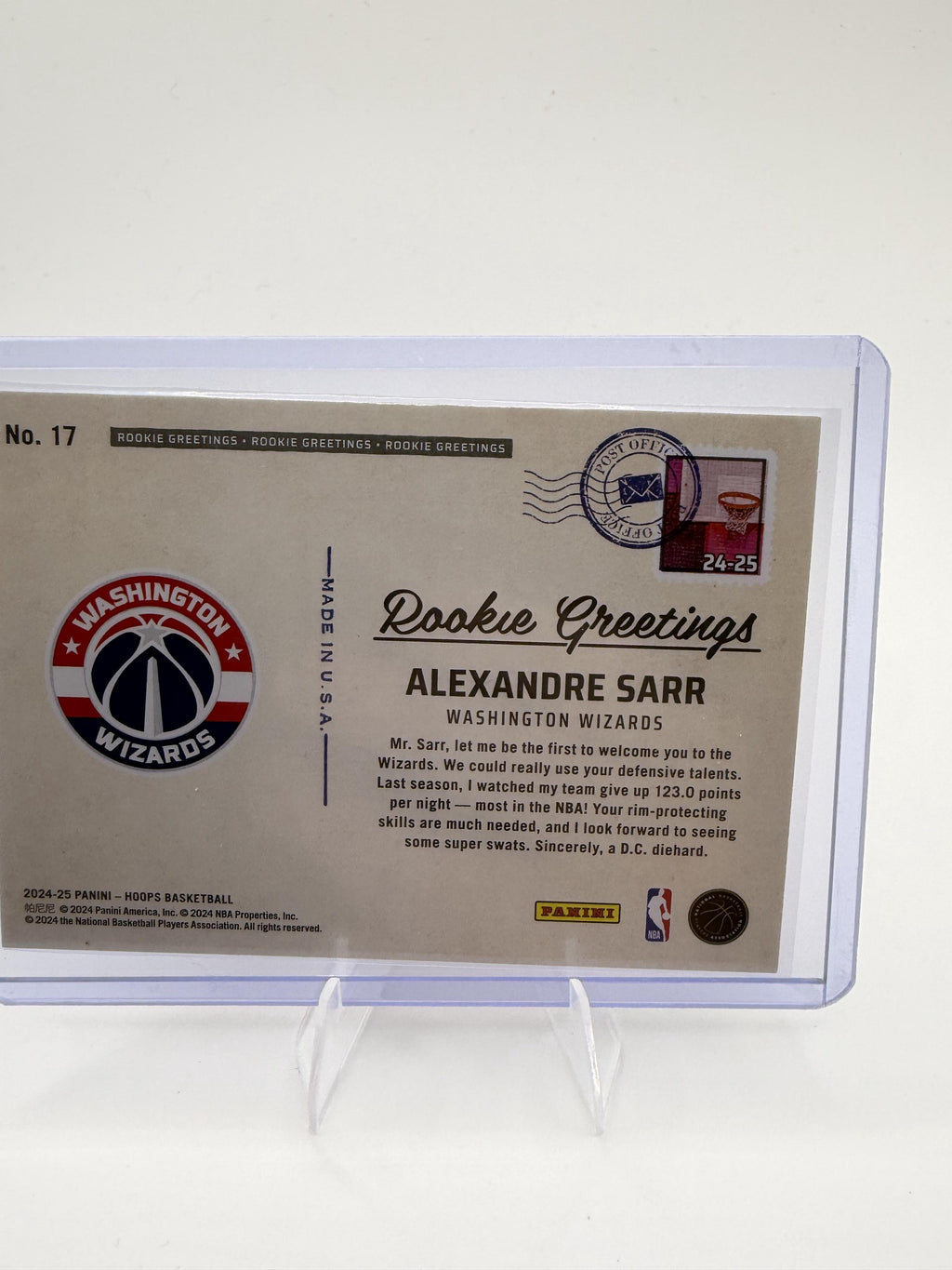 2024-25 Panini NBA Hoops Alexandre Sarr Rookie Greetings RC #17 Wizards