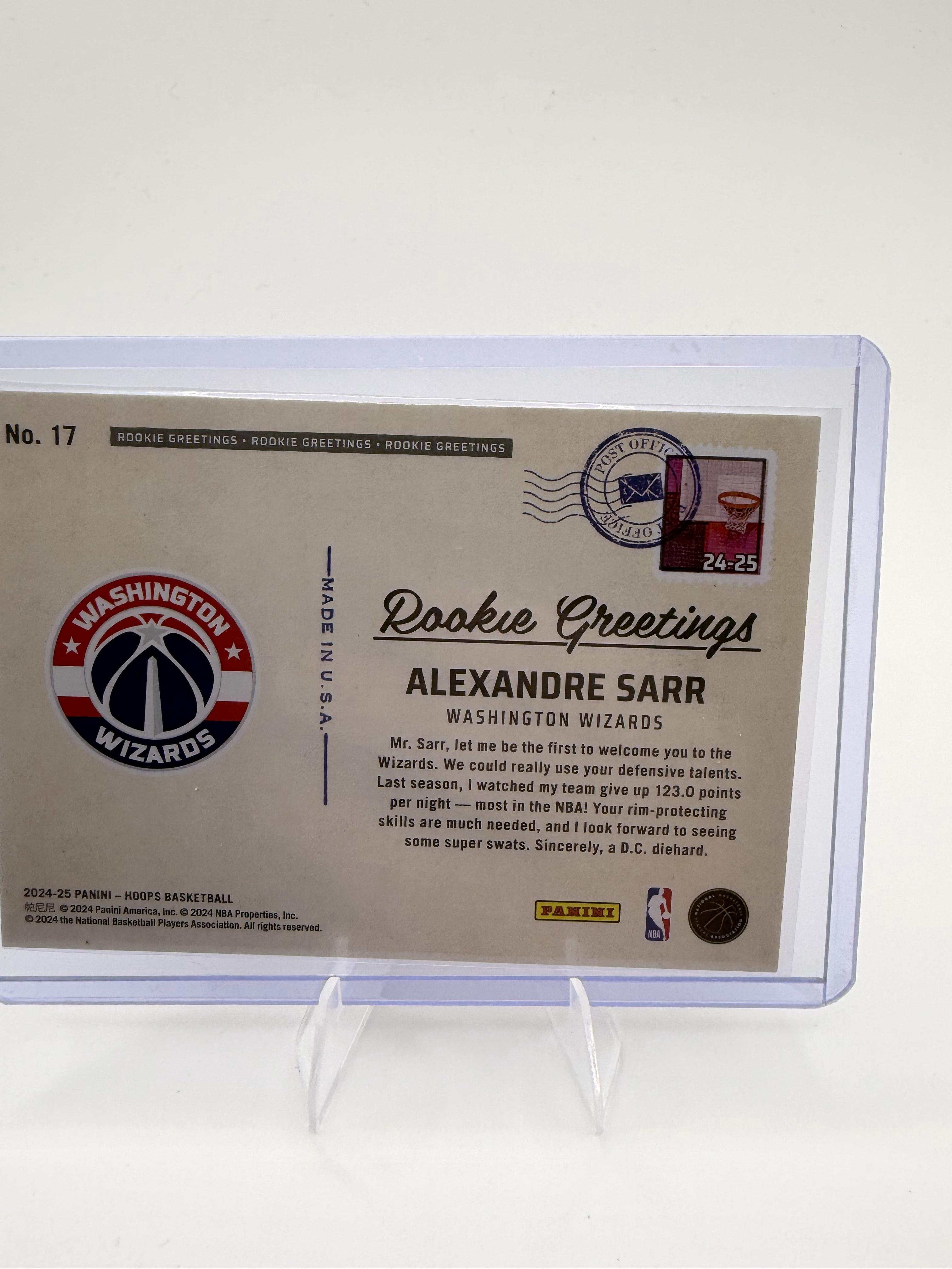 2024-25 Panini NBA Hoops Alexandre Sarr Rookie Greetings RC #17 Wizards