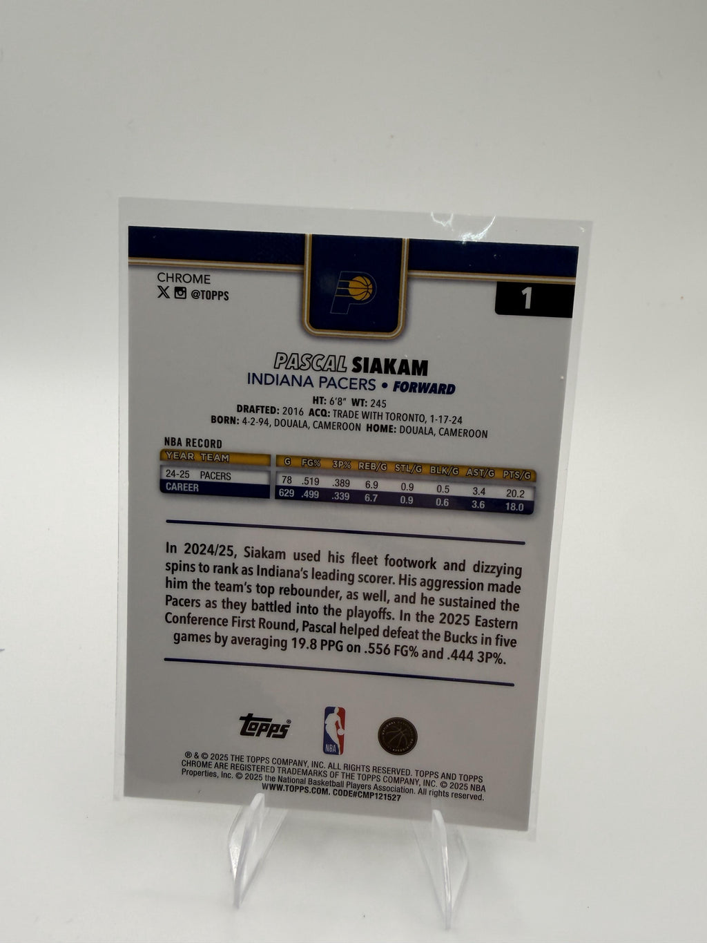 2025-26 Topps Chrome Pascal Siakam Card Prism Refractor Indiana Pacers #1