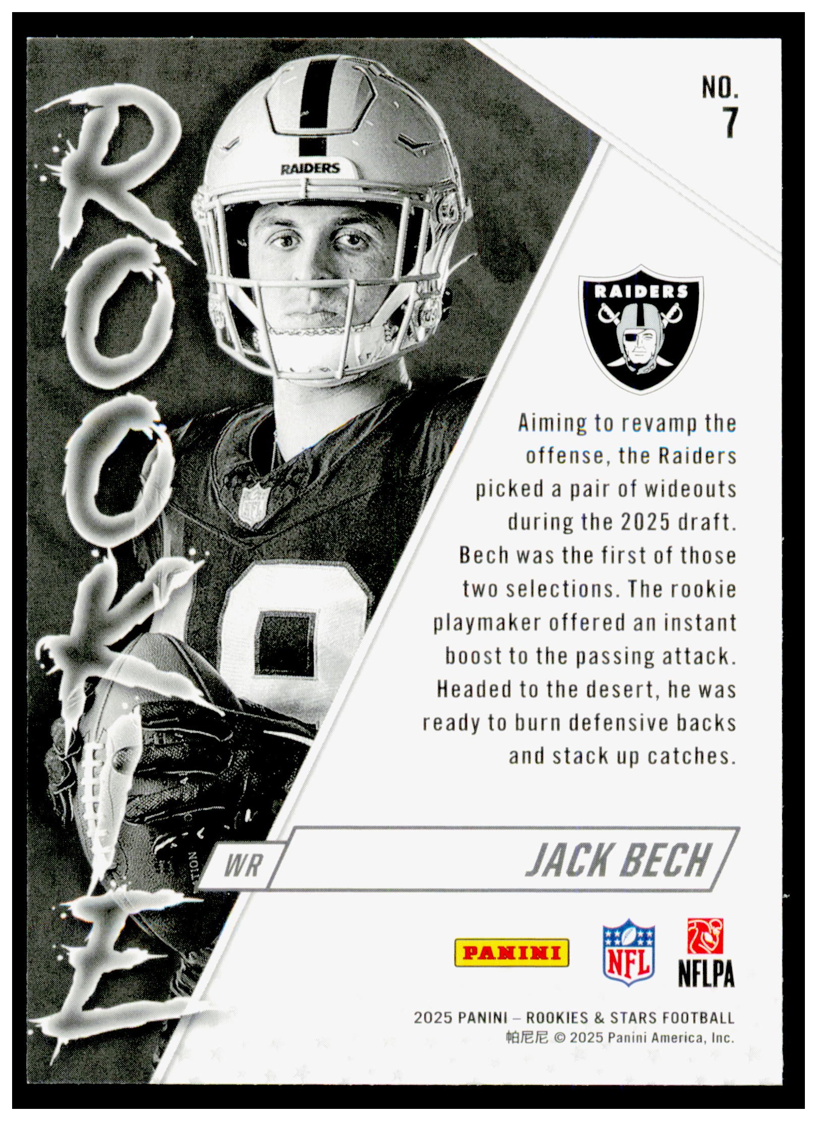 2025 Panini Rookies & Stars Jack Bech Card Rookie Exclusive Las Vegas Raiders #7