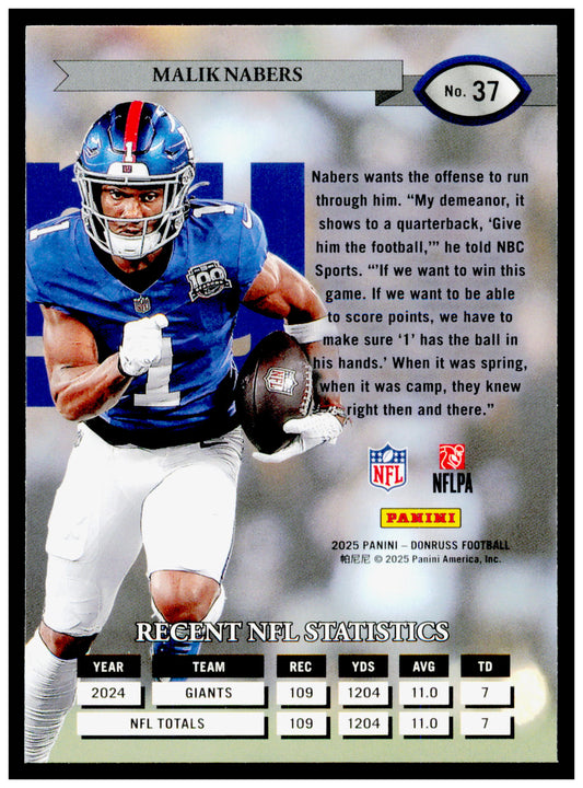 2025 Donruss Malik Nabers Card Retro 1995 New York Giants #37