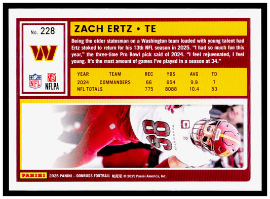 2025 Donruss Zach Ertz Card Washington Commanders #228