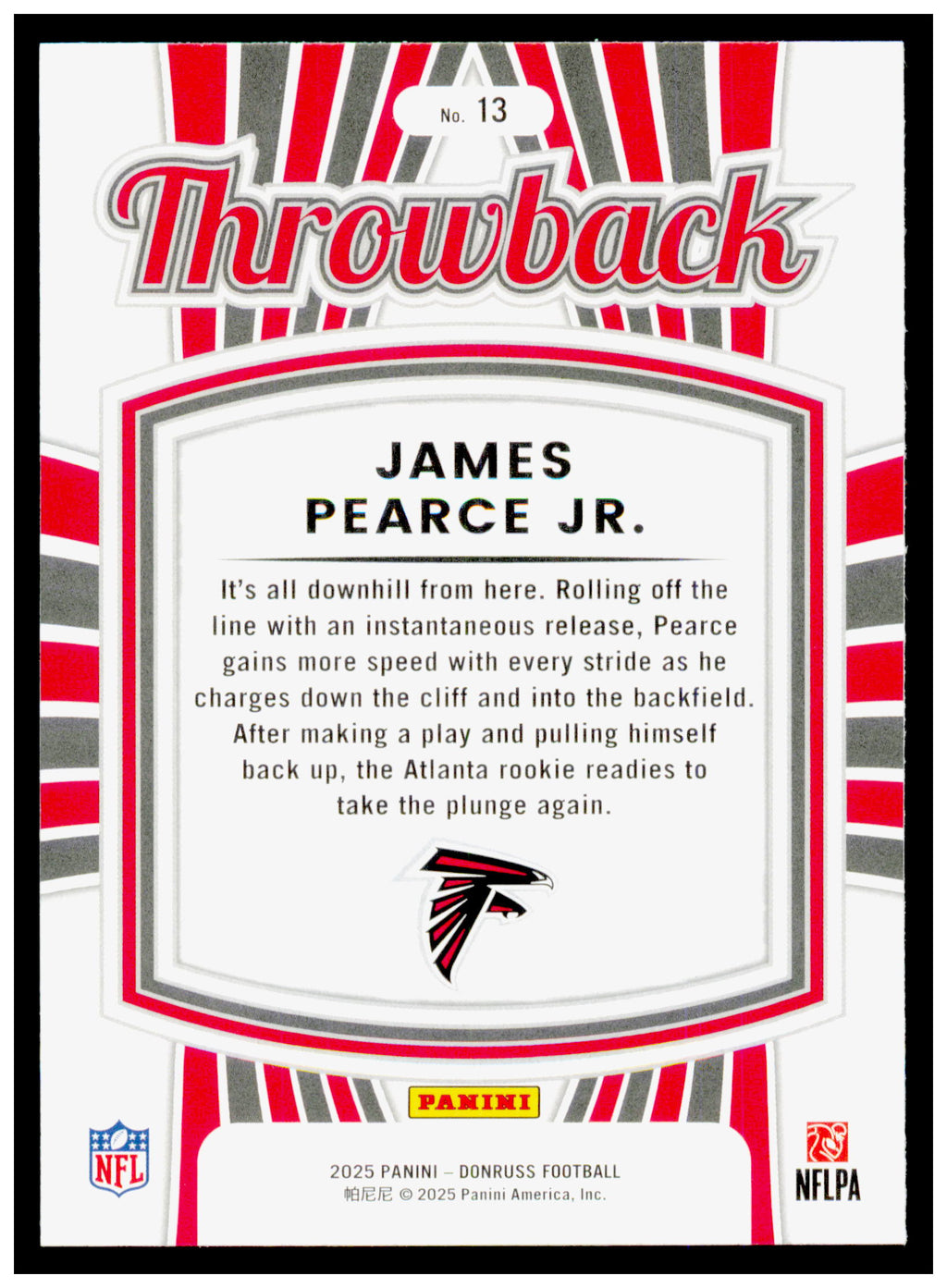 2025 Donruss James Pearce Jr. Card Rated Rookies Throwback Atlanta Falcons #13
