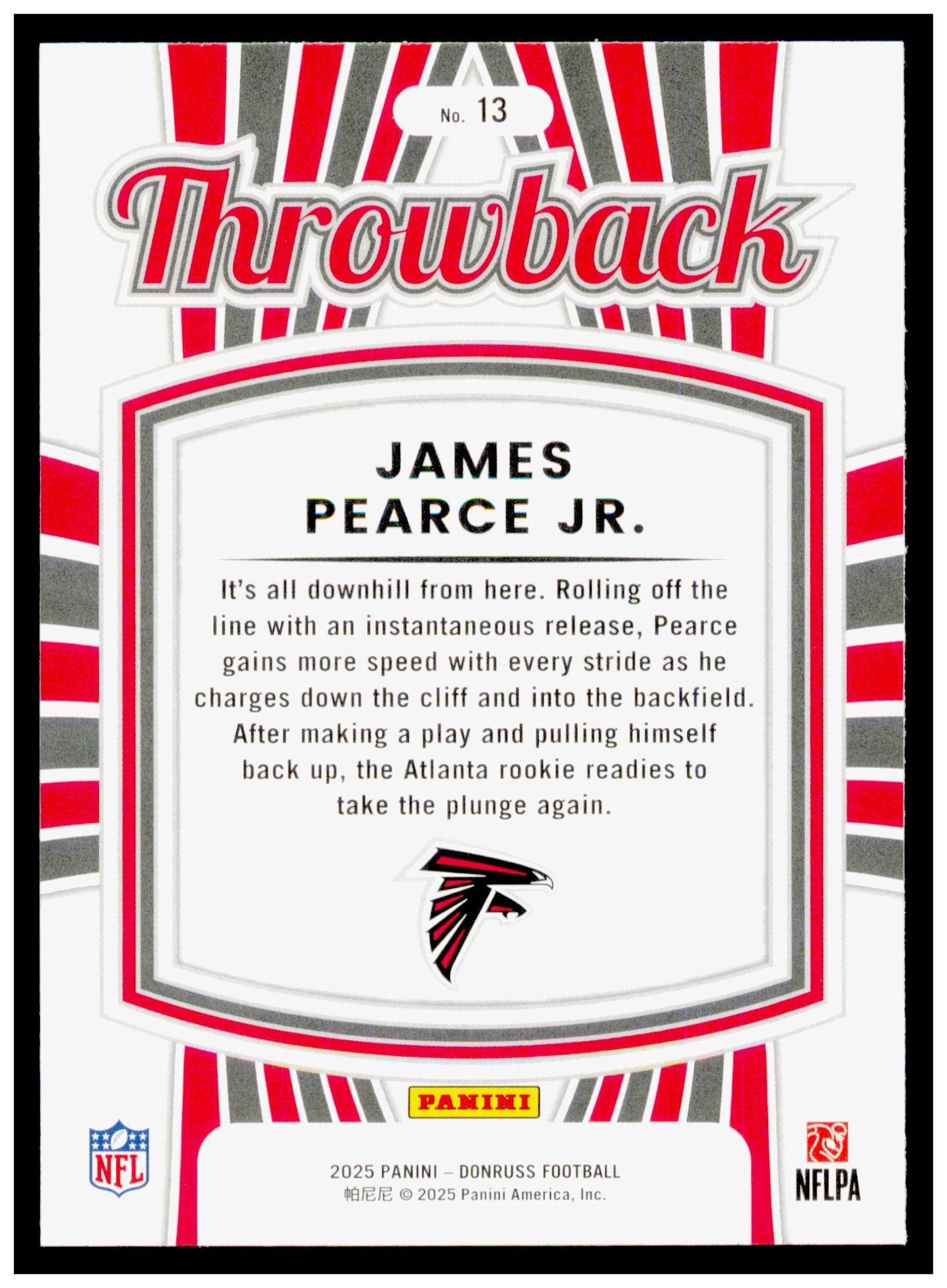 2025 Donruss James Pearce Jr. Card Rated Rookies Throwback Atlanta Falcons #13