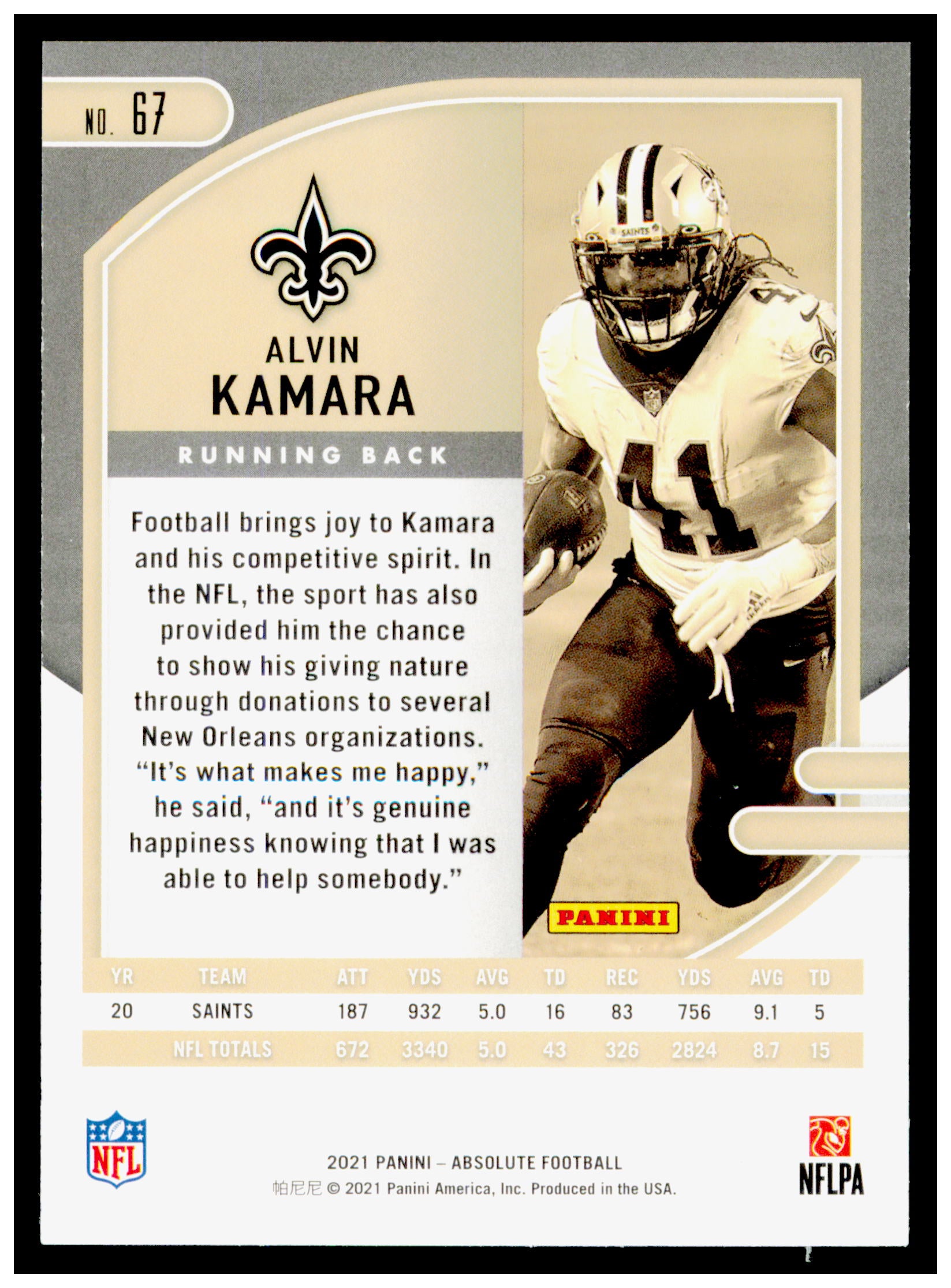 2021 Panini Absolute - Green Alvin Kamara Card New Orleans Saints #67