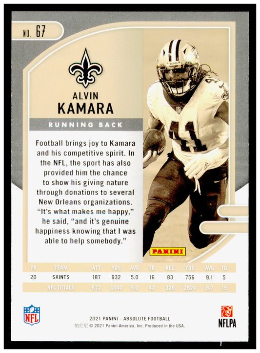 2021 Panini Absolute - Green Alvin Kamara Card New Orleans Saints #67