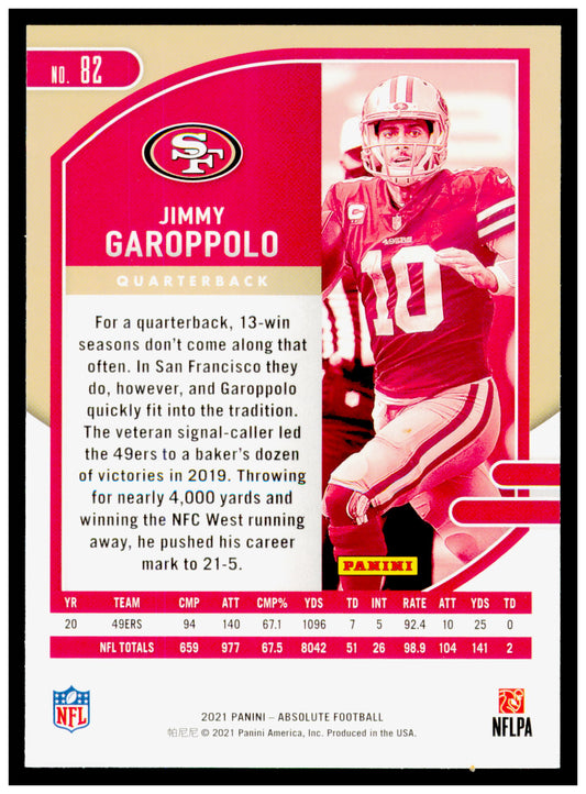 2021 Panini Absolute Jimmy Garoppolo Card Red San Francisco 49ers #82