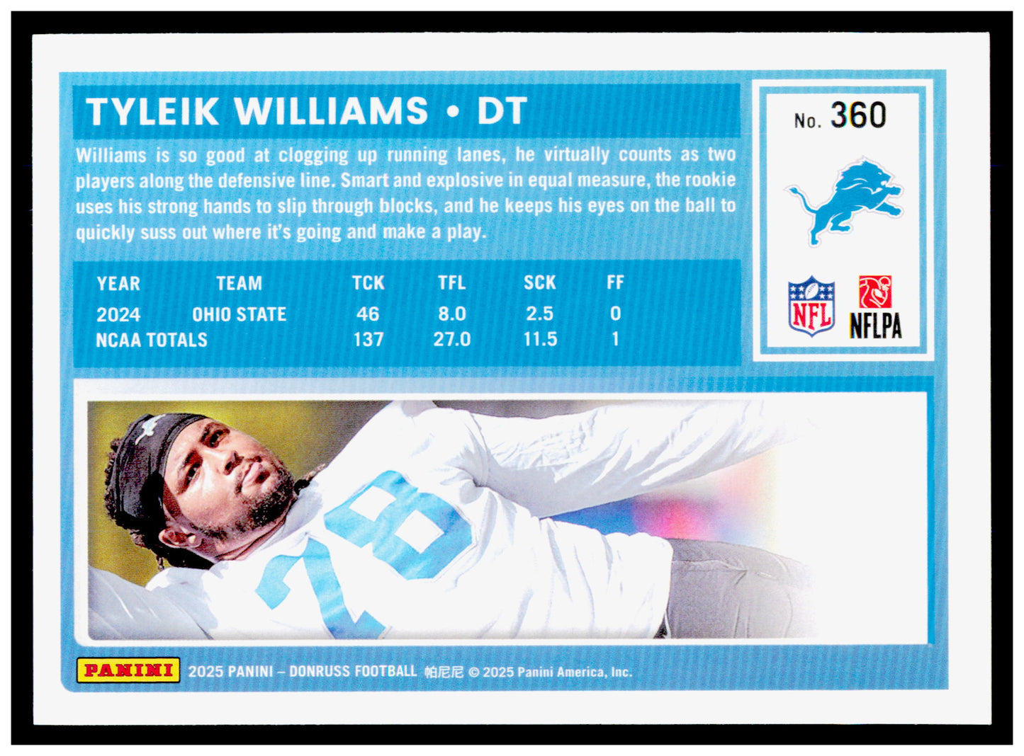 2025 Donruss Tyleik Williams Card RC Detroit Lions #360