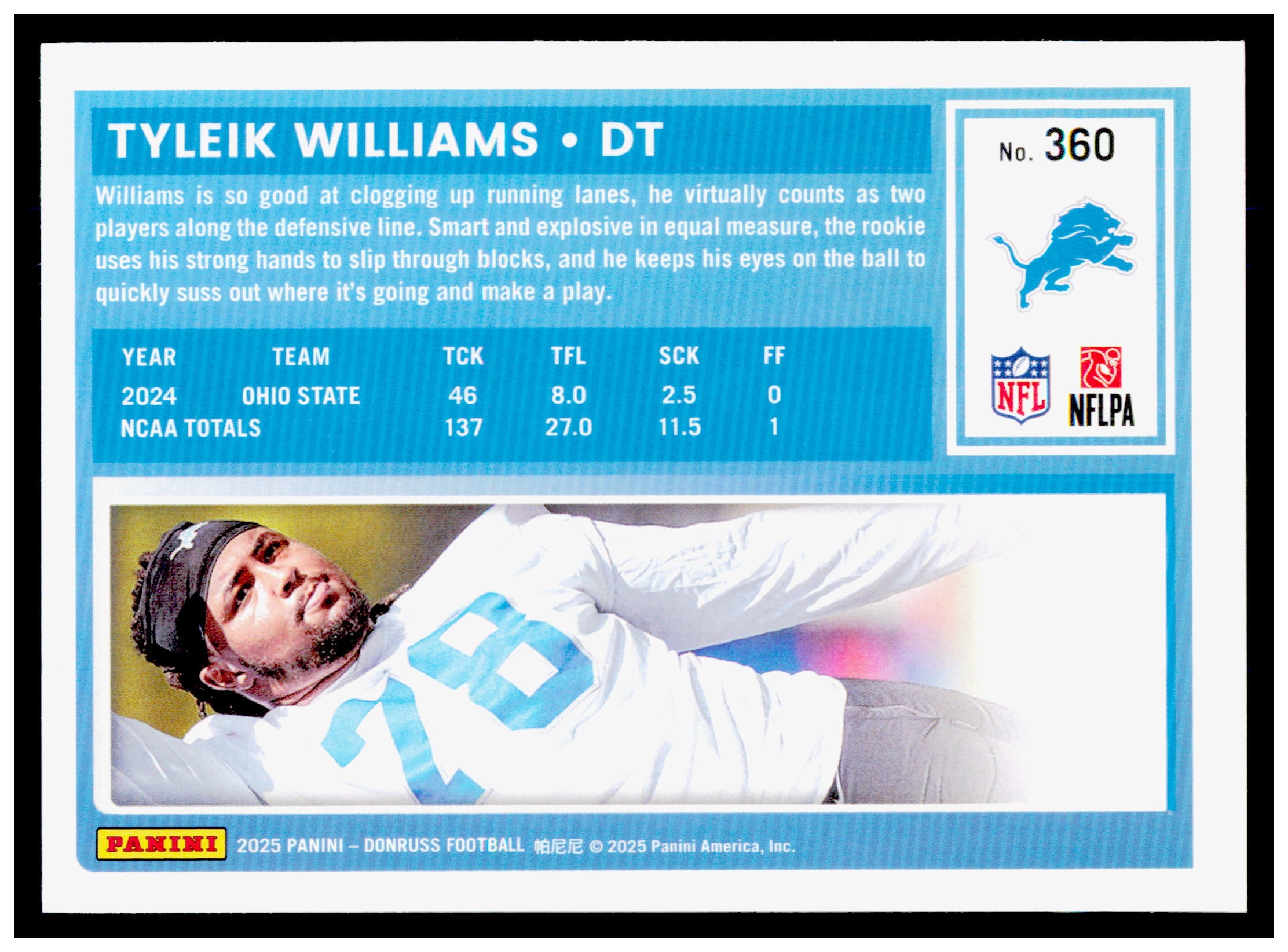 2025 Donruss Tyleik Williams Card RC Detroit Lions #360