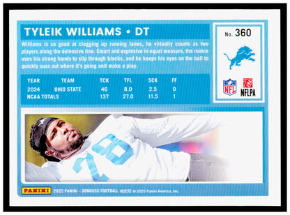 2025 Donruss Tyleik Williams Card RC Detroit Lions #360