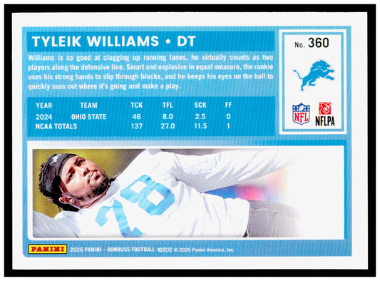 2025 Donruss Tyleik Williams Card RC Detroit Lions #360