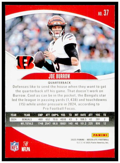 2025 Panini Absolute Joe Burrow Card Orange Cincinnati Bengals #37