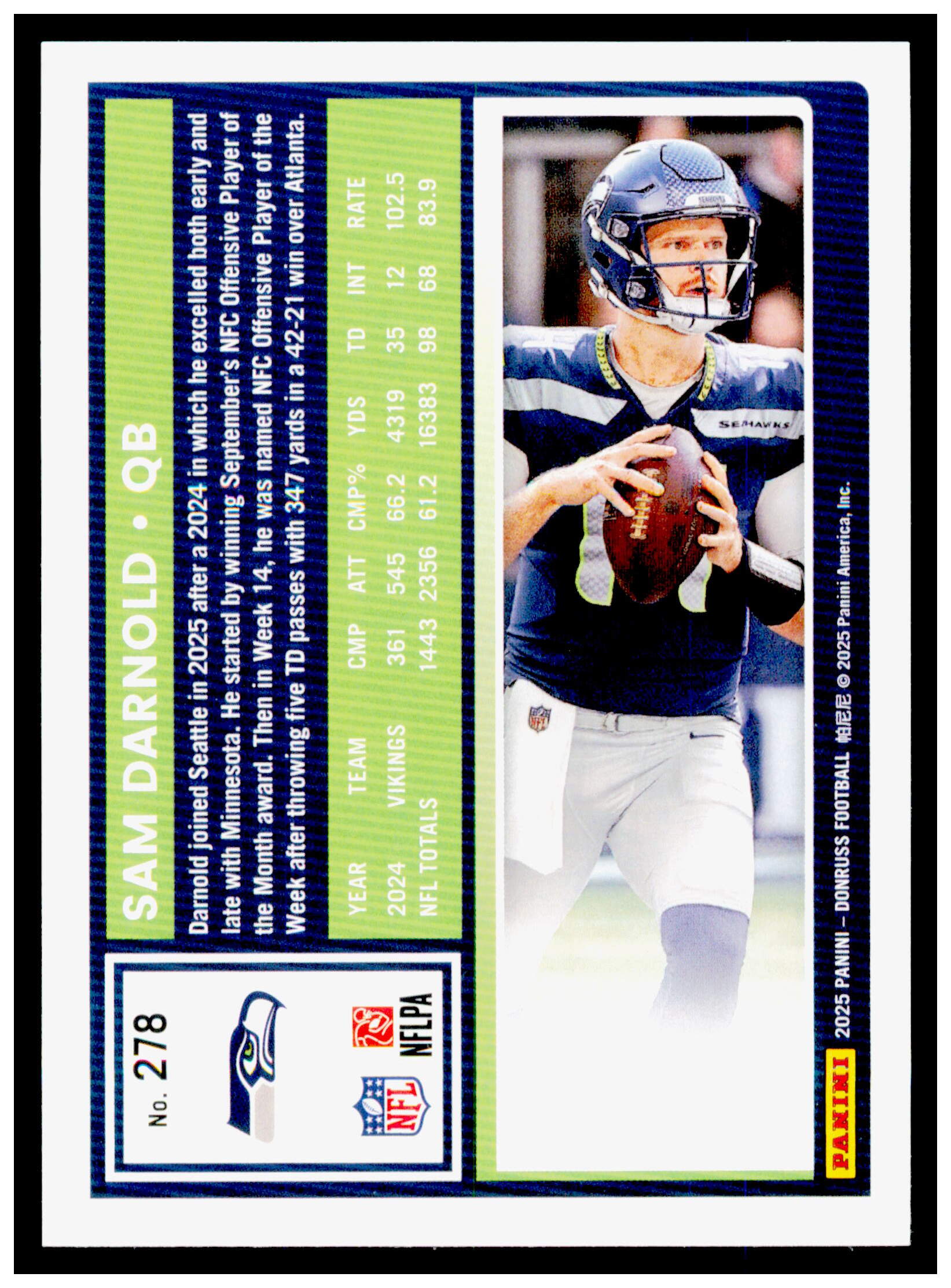 2025 Donruss Sam Darnold Card Press Proofs Blue Seattle Seahawks #278