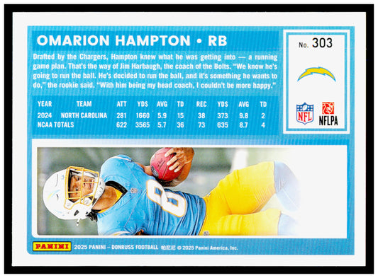 2025 Donruss Omarion Hampton Card Press Proofs Blue RC Los Angeles Chargers #303